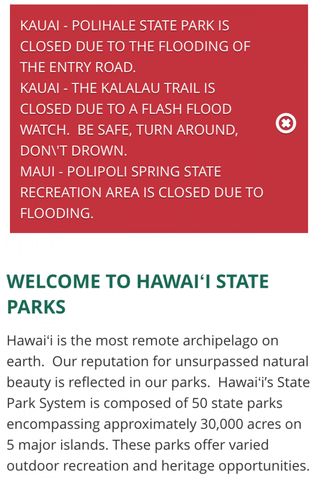 Message de fermeture du Kalalau Trail sur dlnr.hawaii.gov