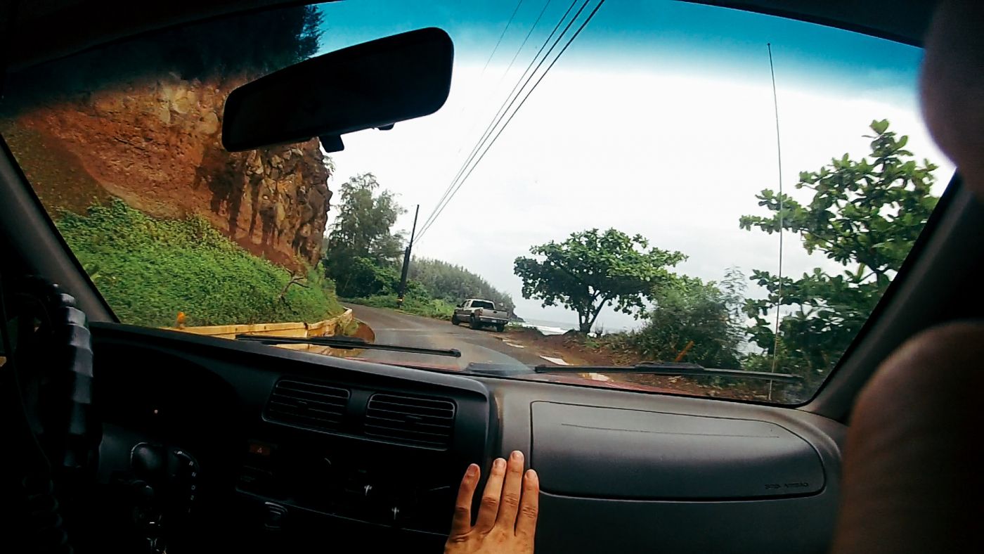 Hitch-hiking, in the car, Kaua'i, Hawaii