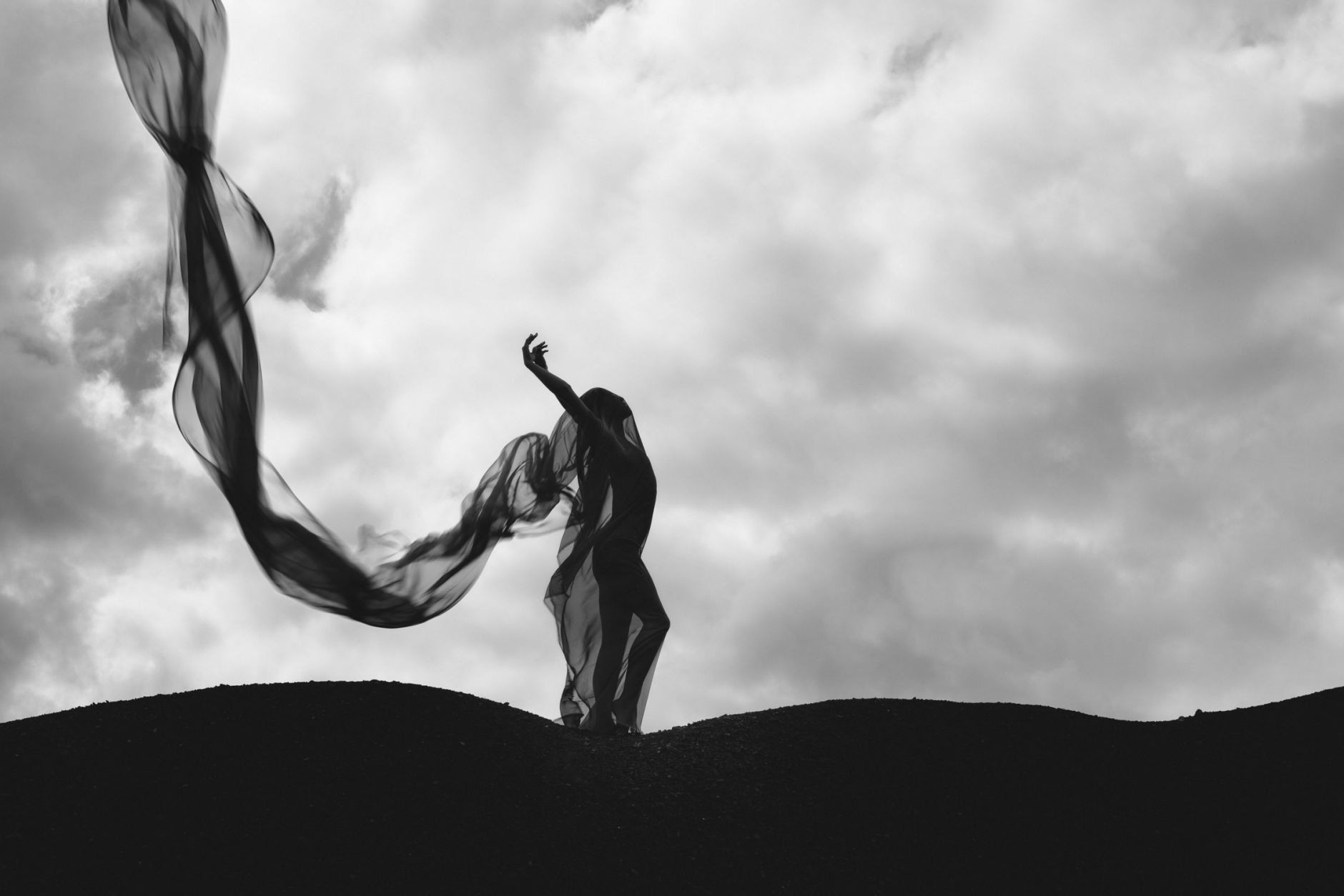 Woman atop a spoil tip, black and white, fine art