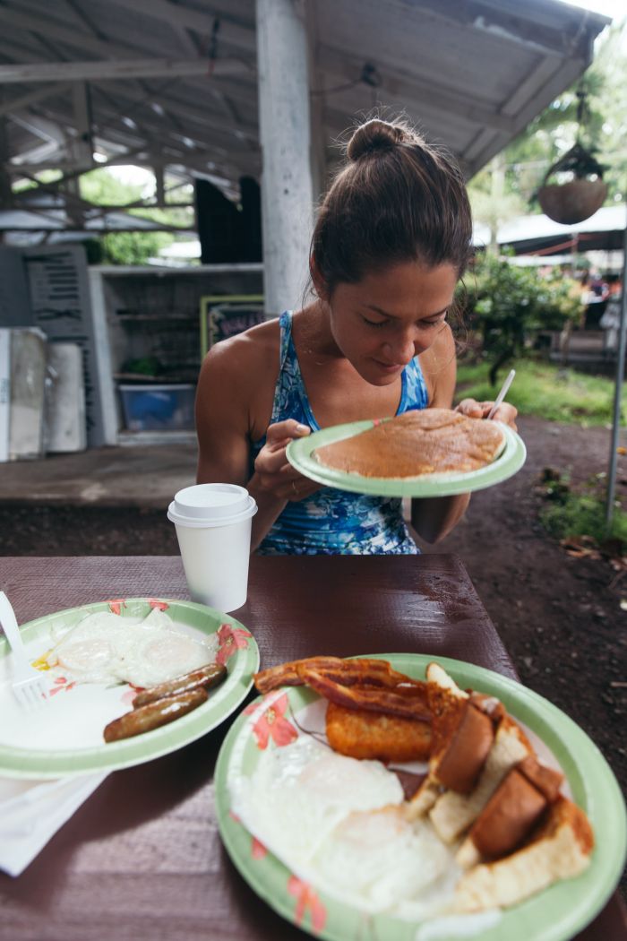 Girl with pancake, Bare Bones BBQ, Kalapana, Hawaii