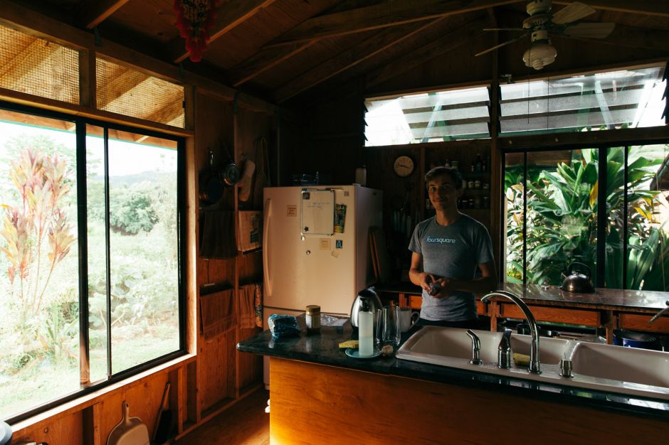 Bérenger making coffee, Kauai, Hawaii